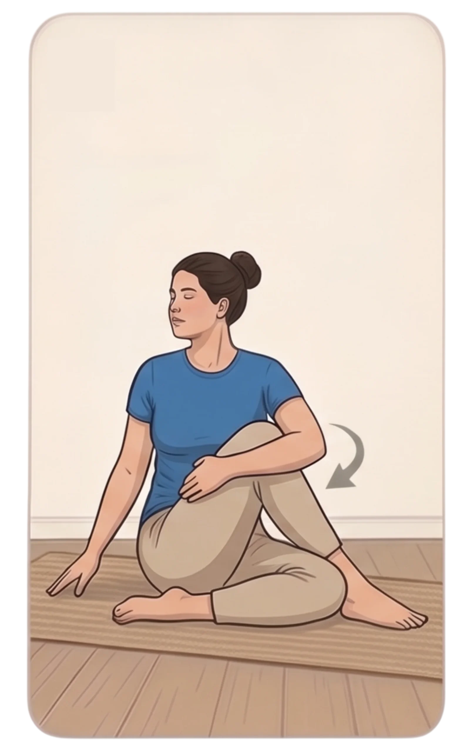 Illustration of a woman with her hair in a bun performing a seated spinal twist yoga pose (Ardha Matsyendrasana) on a mat, with a curved arrow indicating the twisting motion toward her bent knee.