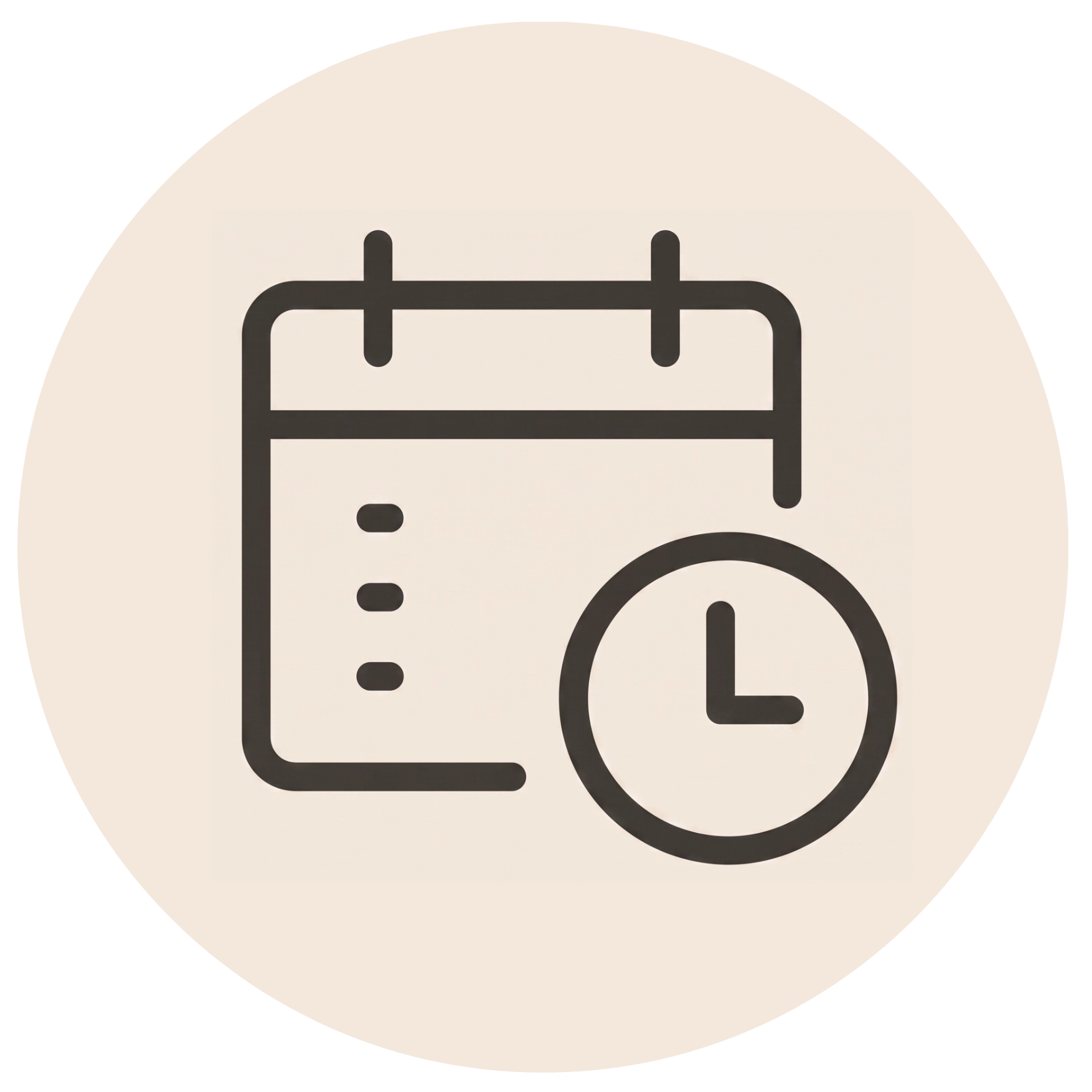 Minimalist line icon of a calendar and clock on a circular background, representing time management, daily routines, and scheduling.