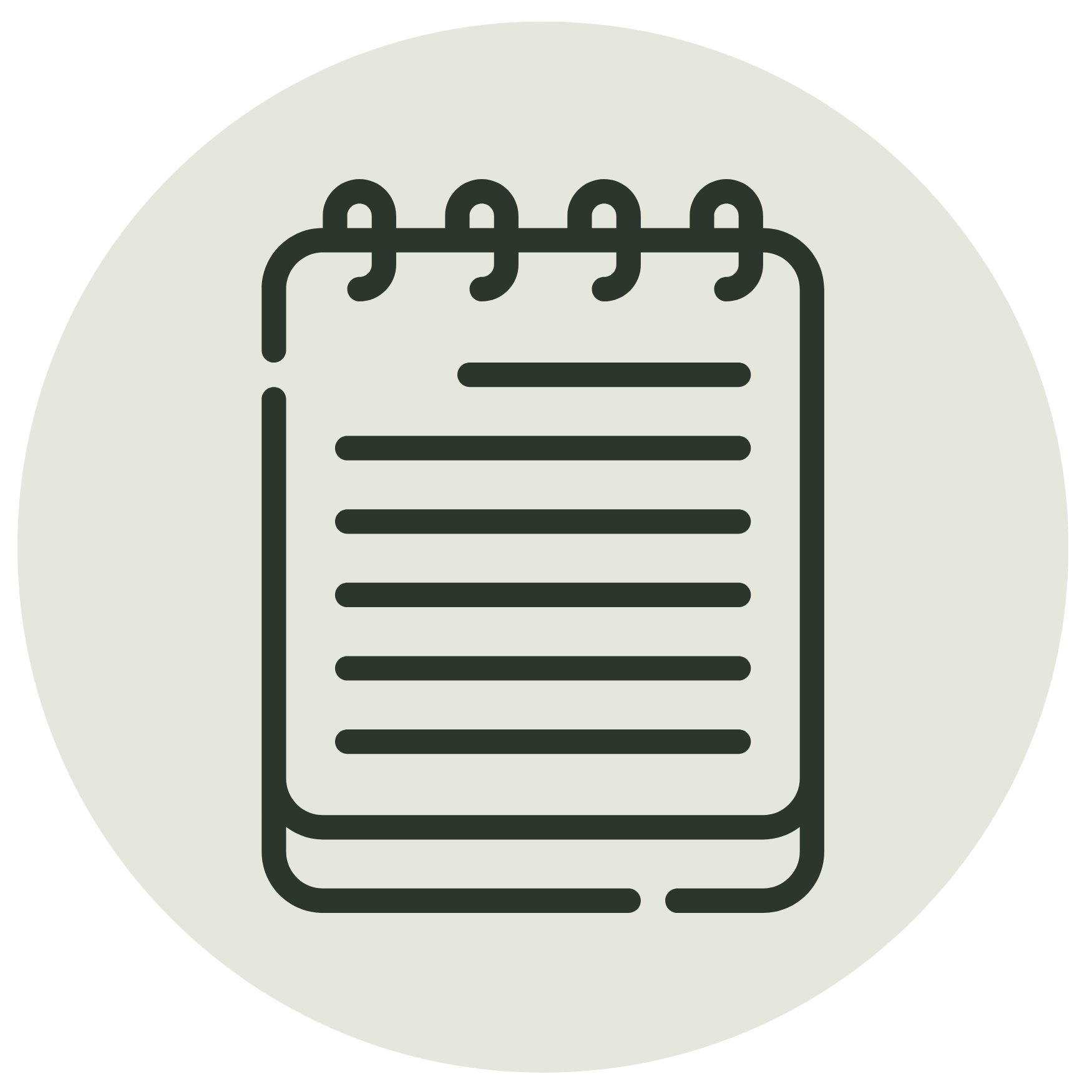 Minimalist line icon of a spiral notepad with lined paper on a light grey circle, symbolizing notes, tasks, or journaling.