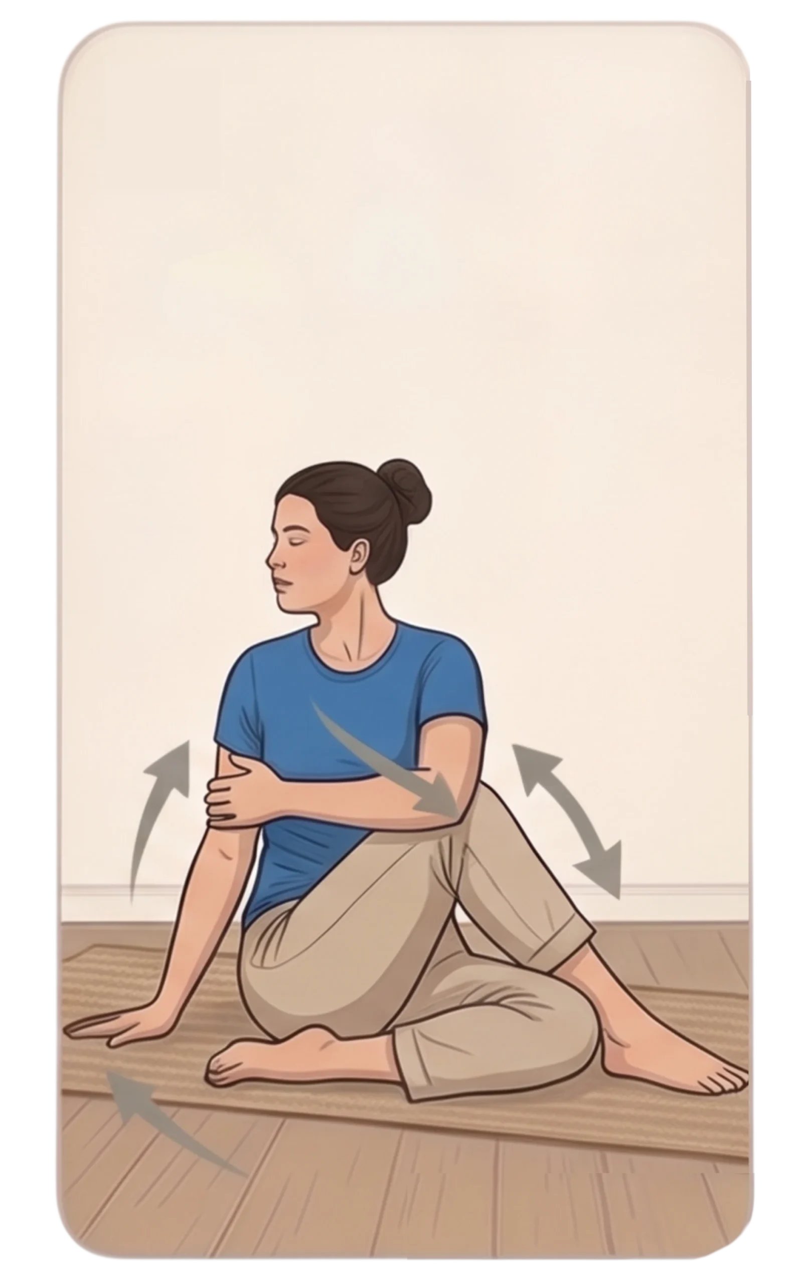 Illustration of a woman with her hair in a bun performing a seated spinal twist yoga pose (Ardha Matsyendrasana) on a mat, with multiple curved arrows around her torso and limbs indicating the dynamic flow and deepening of the twisting alignment.