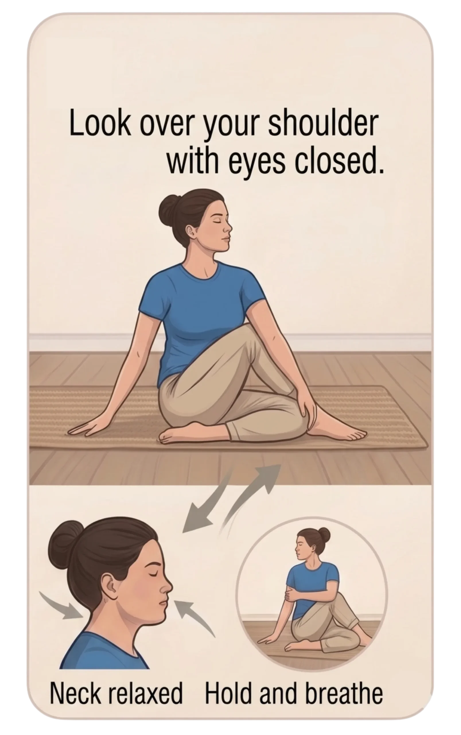 Yoga diagram of a woman in a seated spinal twist pose (Ardha Matsyendrasana) with instructions to look over the shoulder with eyes closed, keep the neck relaxed, and hold and breathe.