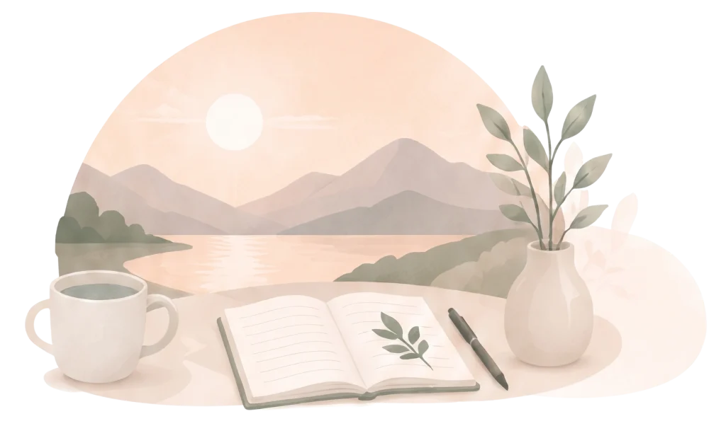 Watercolor illustration of an open journal, mug, and plant vase on a desk overlooking mountains, on a black background.