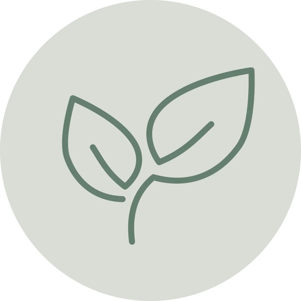 Minimalist line icon of a small plant with two leaves inside a circle, in a muted green outline on a light sage green background.