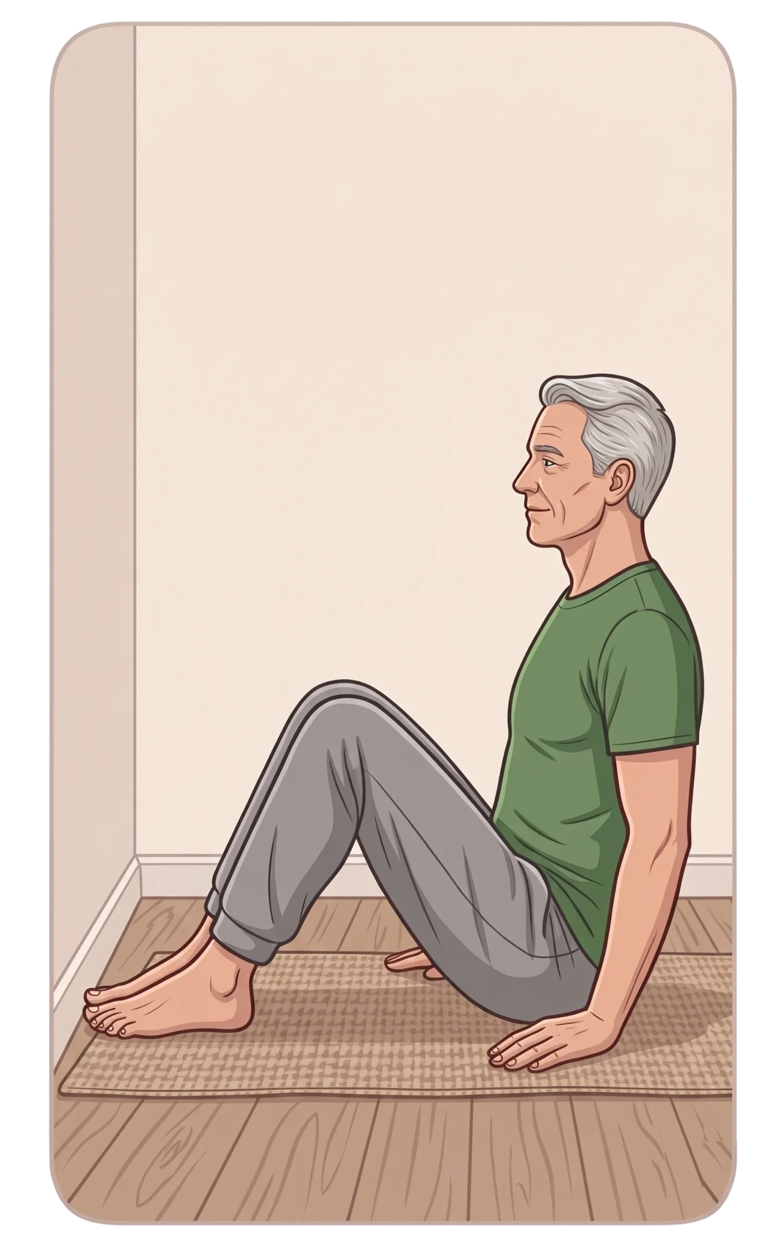 Illustration of an older man with gray hair sitting on a yoga mat with his knees bent, feet flat on the floor, and hands placed behind his hips for support.