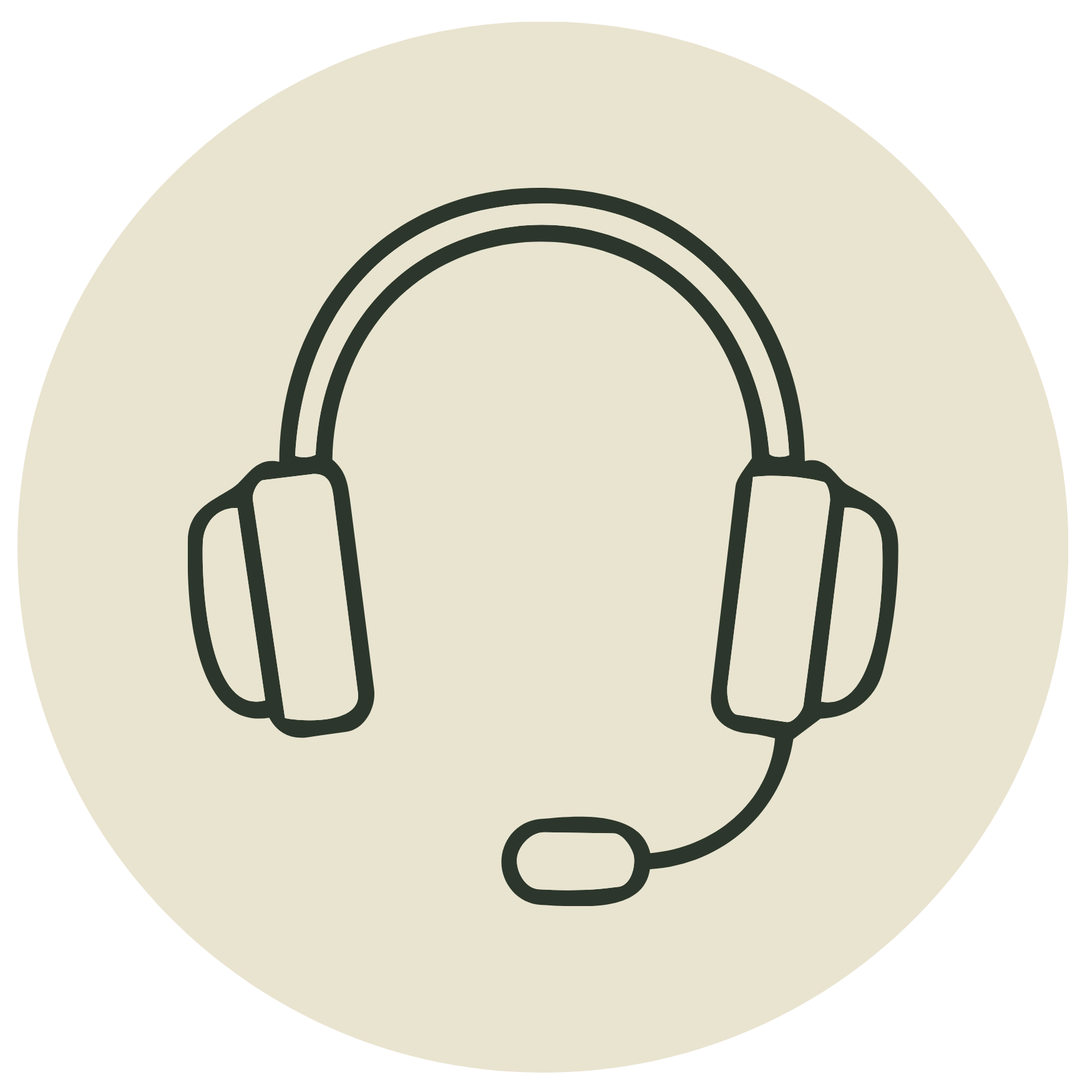 Minimalist line icon of a headset with a microphone on a beige circle background, symbolizing support, calls, or listening.