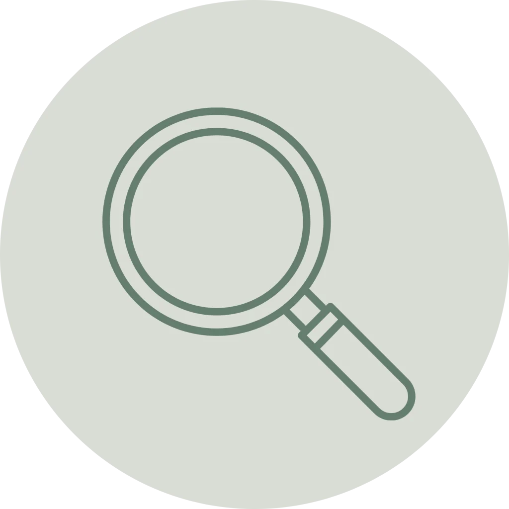 Minimalist line icon of a magnifying glass inside a circle, in a muted green outline on a light sage green background.