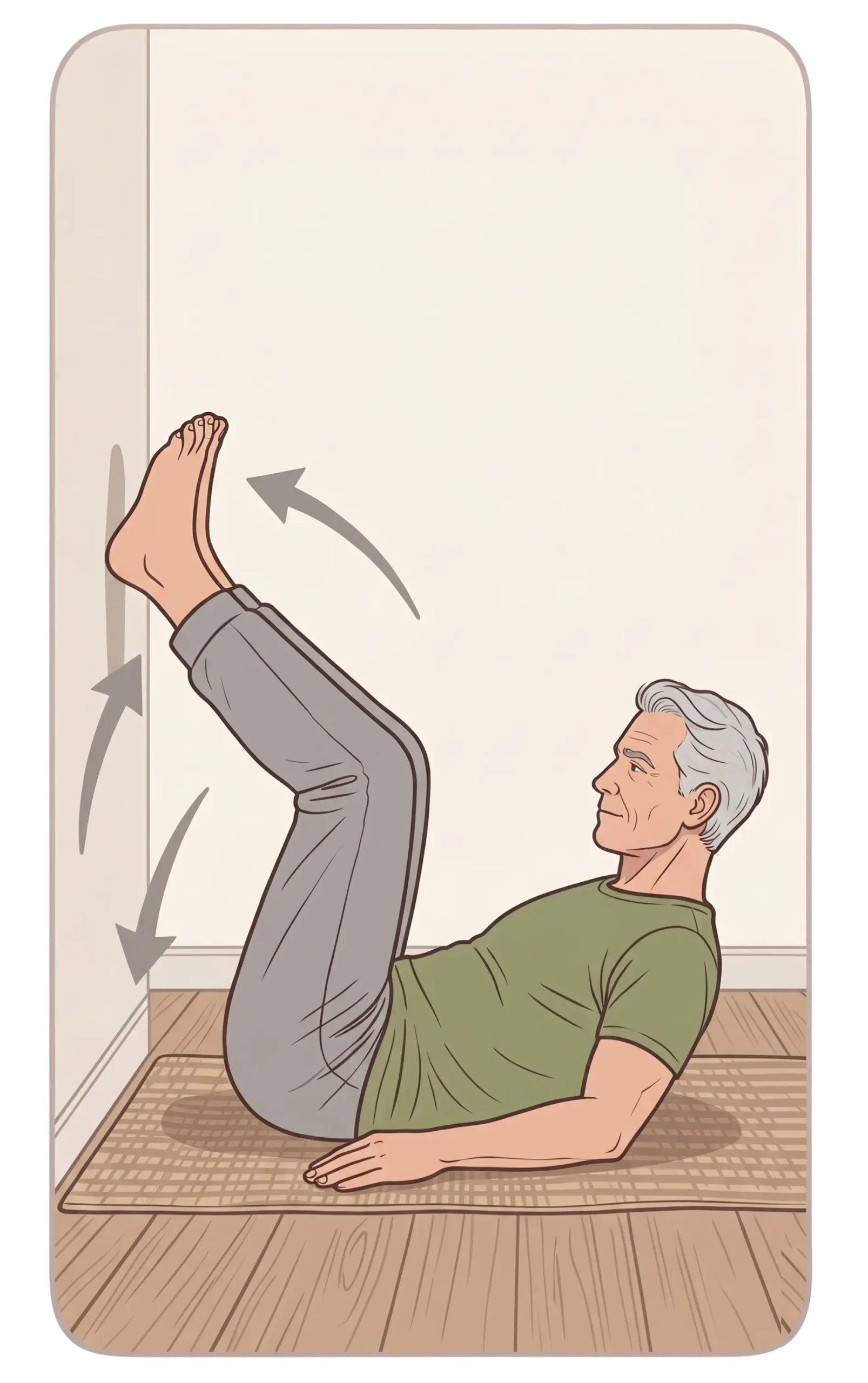 Illustration of an older man transitioning into a legs-up-the-wall yoga pose (Viparita Karani), using arrows to show the movement of shifting his hips closer to the wall and swinging his legs upward for support.