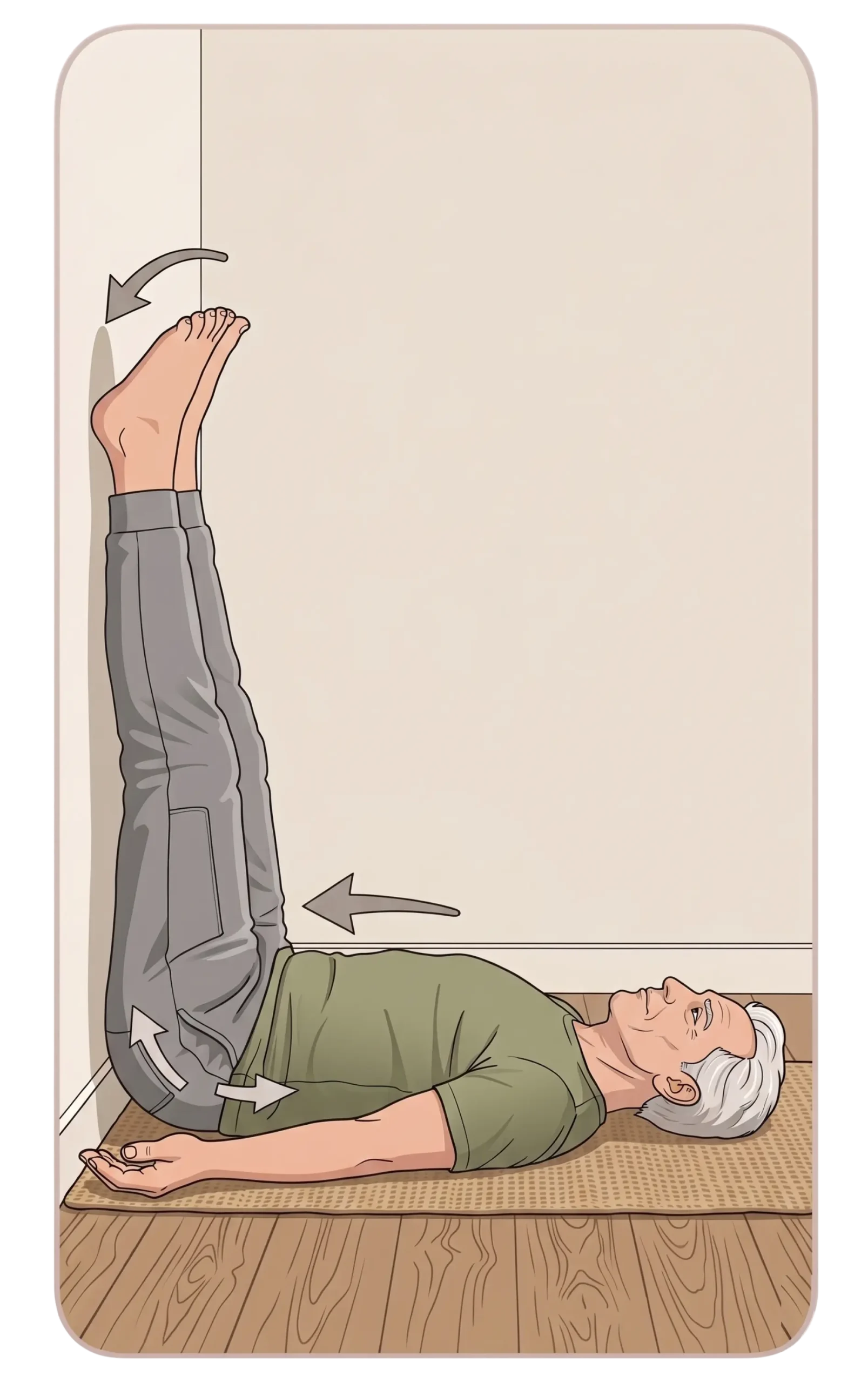This illustration shows the final posture for Legs-Up-the-Wall Pose (Viparita Karani), focusing on settling into the restorative stretch.