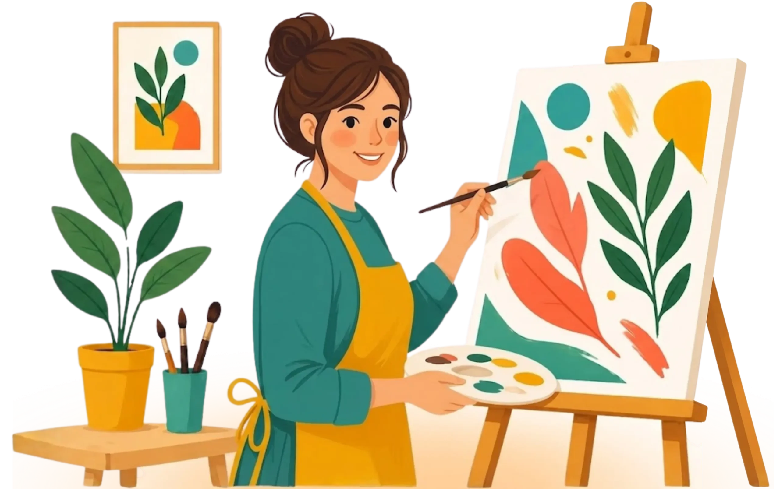 Minimalist illustration of a female artist in a yellow apron painting abstract botanical leaves on a canvas taking art classes.