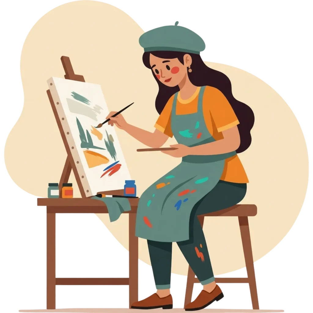 Minimalist illustration of a female artist wearing a green beret and a paint-splattered apron, sitting at a wooden easel and painting an abstract landscape.