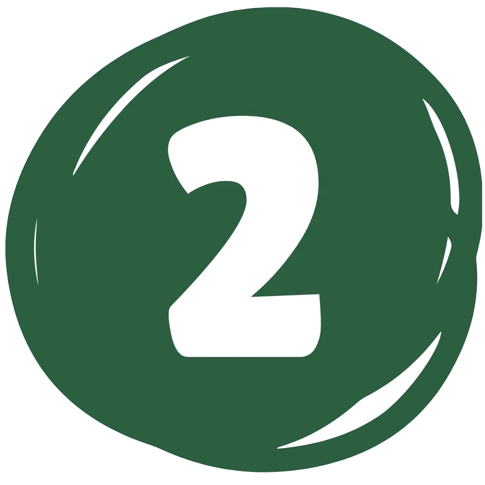 This is a minimalist graphic featuring a bold white numeral "2" centered within a green, slightly irregular circular shape. The circle includes subtle, stylized white brushstroke highlights along its edges to give it a hand-drawn or button-like appearance.