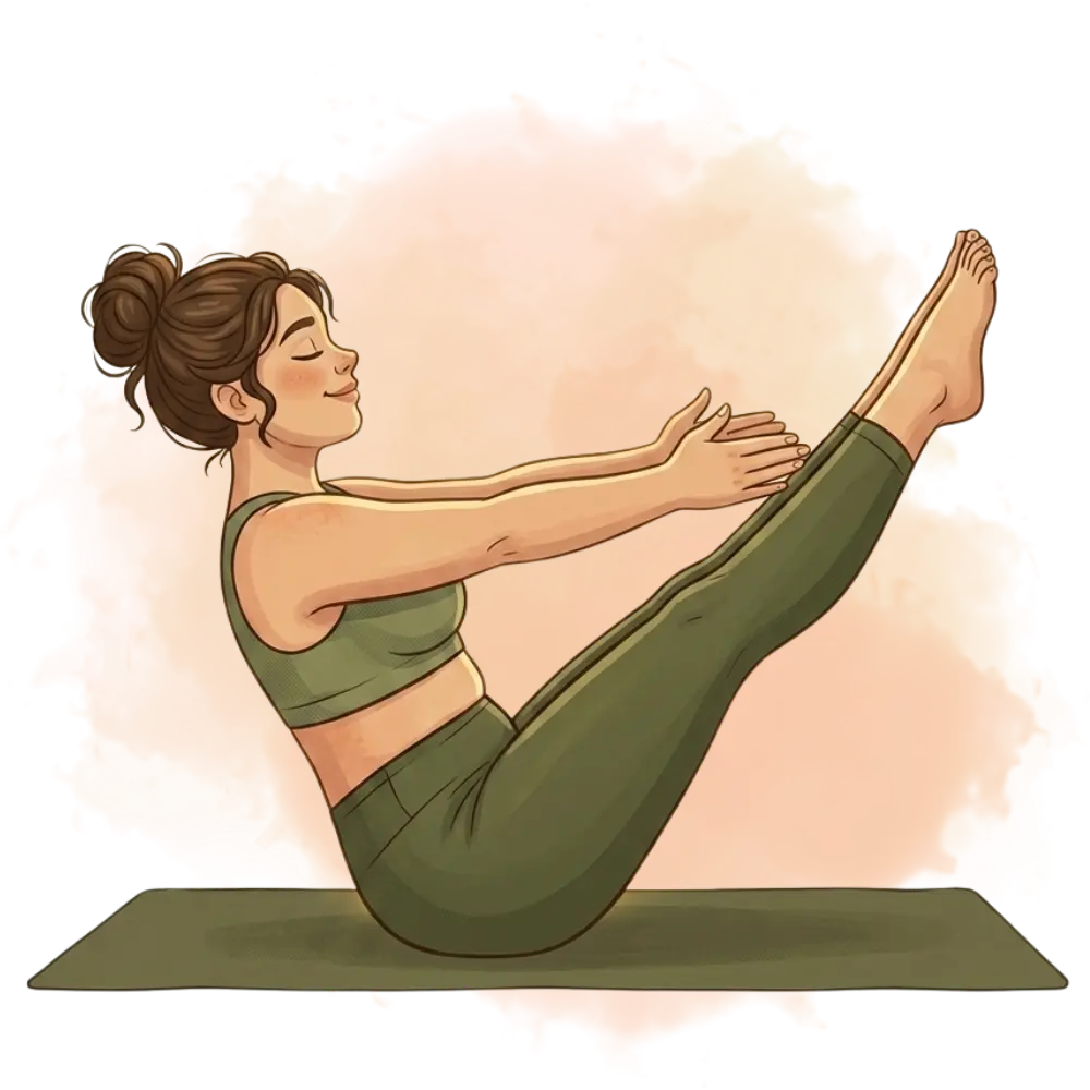 Woman in boat pose, showcasing core-strengthening types of yoga like Power or Ashtanga, on a fitness mat.
