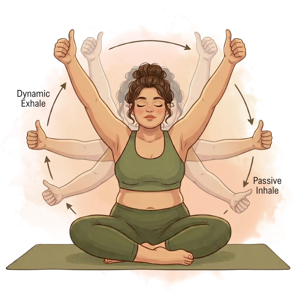 Kundalini ego eradicator breath diagram, illustrating dynamic types of yoga breathing techniques on a mat.
