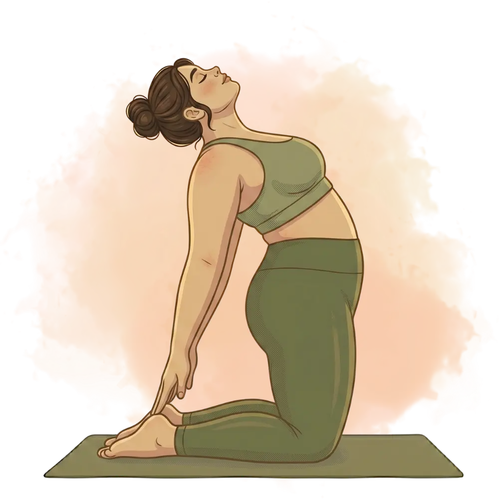 Woman in camel pose, highlighting heart-opening types of yoga for flexibility and strength, on a fitness mat.