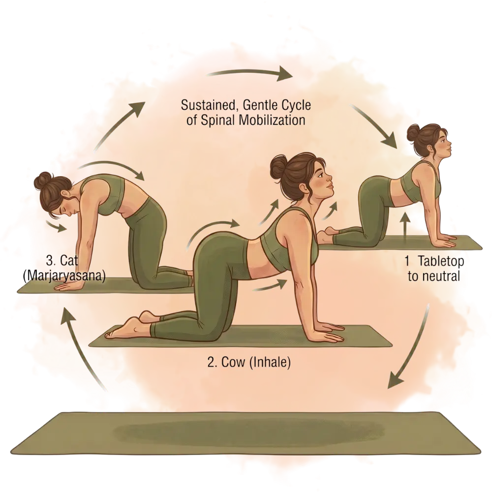 Cat-cow pose diagram, illustrating gentle types of yoga for spinal mobilization and flexibility on a mat.