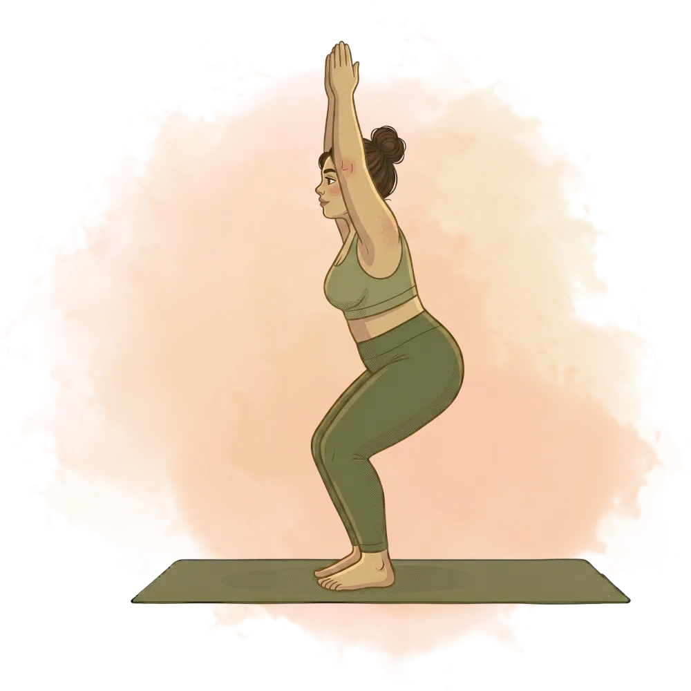Woman in chair pose, showcasing leg-strengthening types of yoga like Ashtanga or Vinyasa, on a fitness mat.