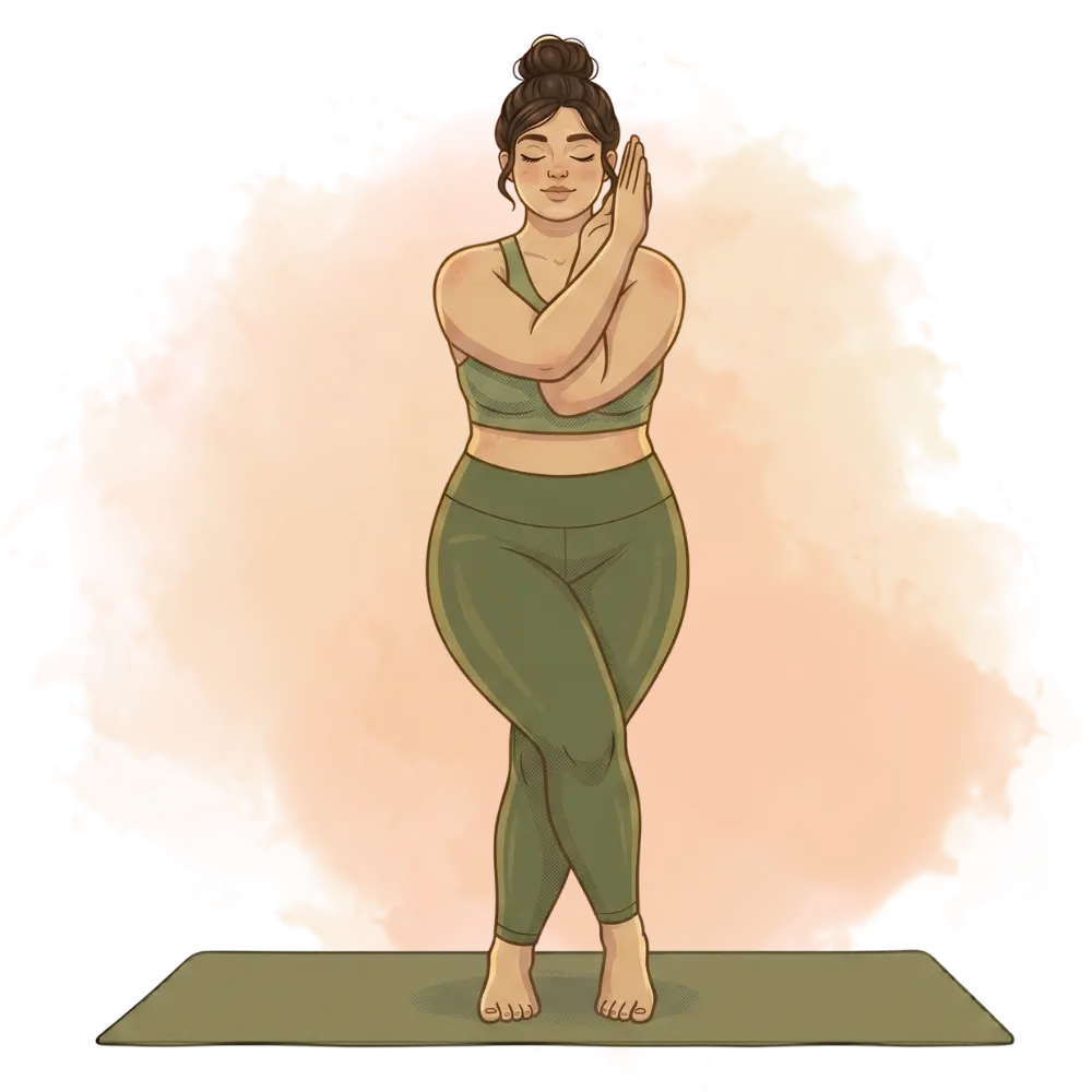 Woman in eagle pose, demonstrating balancing types of yoga for mental focus and coordination, on a fitness mat.