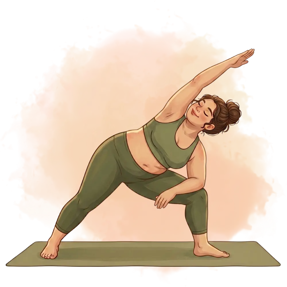 Woman in extended side angle pose, showing active types of yoga for side stretching and strength, on a fitness mat.