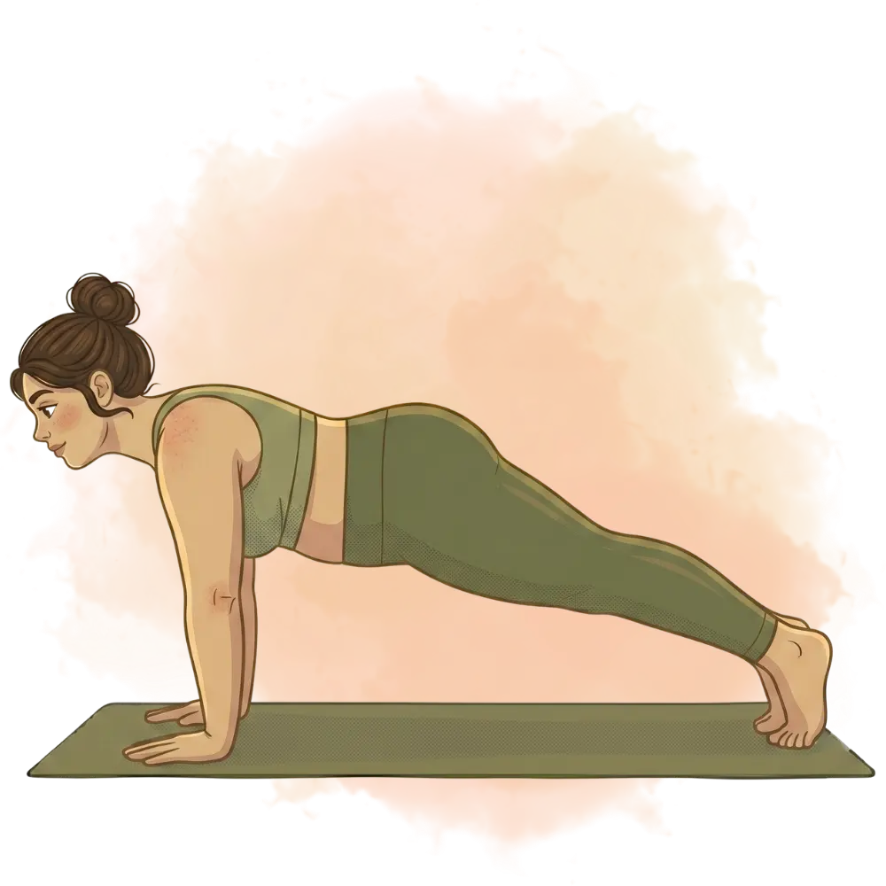 Woman holding a plank, demonstrating strength-building types of yoga like Power or Vinyasa, on a fitness mat.