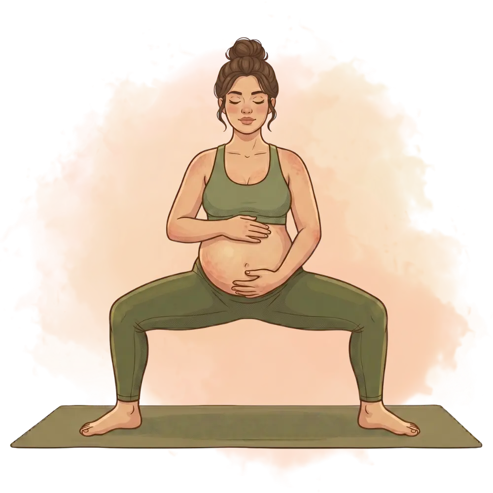 Pregnant woman in goddess pose, showing supportive types of yoga for prenatal strength and stability, on a mat.