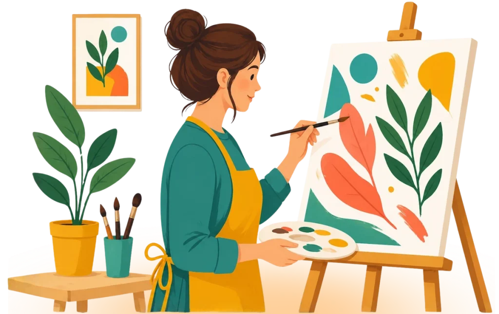 Minimalist illustration of a female artist in a yellow apron painting abstract botanical shapes on a canvas, surrounded by indoor plants and art supplies.