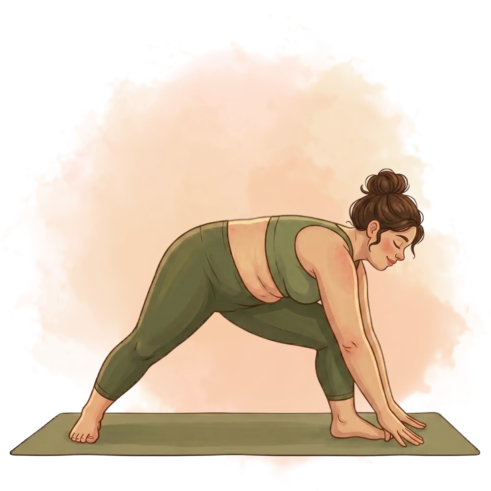 Woman in intense side stretch pose, illustrating dynamic types of yoga for flexibility and leg stretching, on a mat.