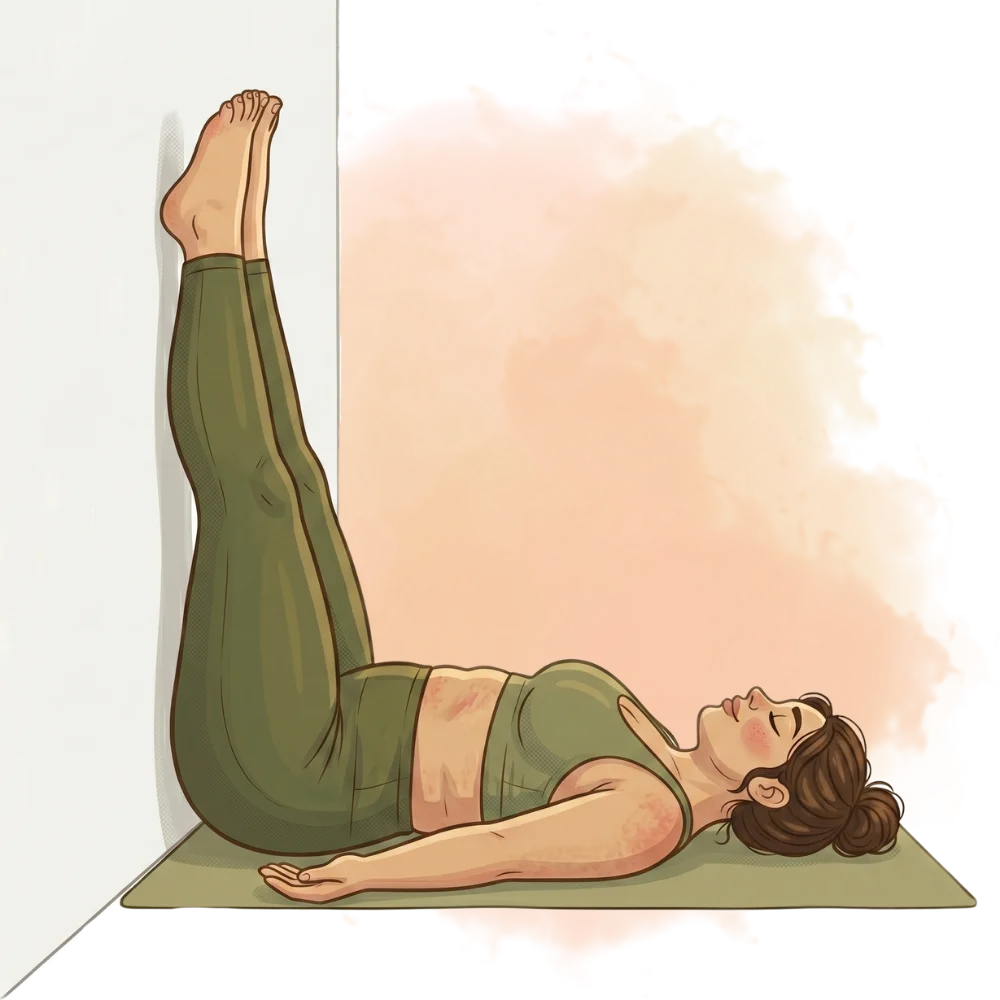 Legs up the wall pose, illustrating restorative types of yoga for deep relaxation and stress relief, on a mat.