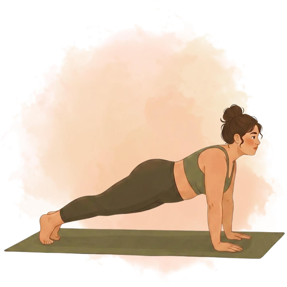 Woman holding a plank pose, illustrating strength-building types of yoga like Power or Vinyasa, on a fitness mat.