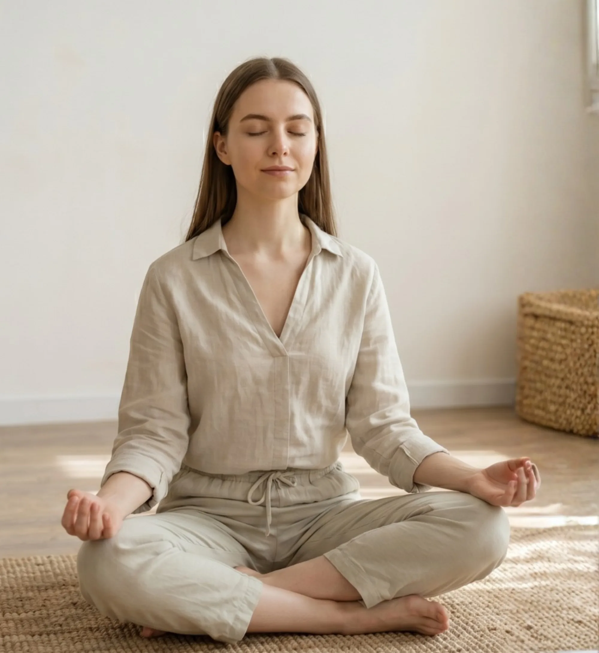 A young woman sits in a cross-legged meditation pose on a textured rug in a bright, minimalist room, wearing a neutral-toned linen outfit with her eyes closed and hands resting on her knees in a mudra position.