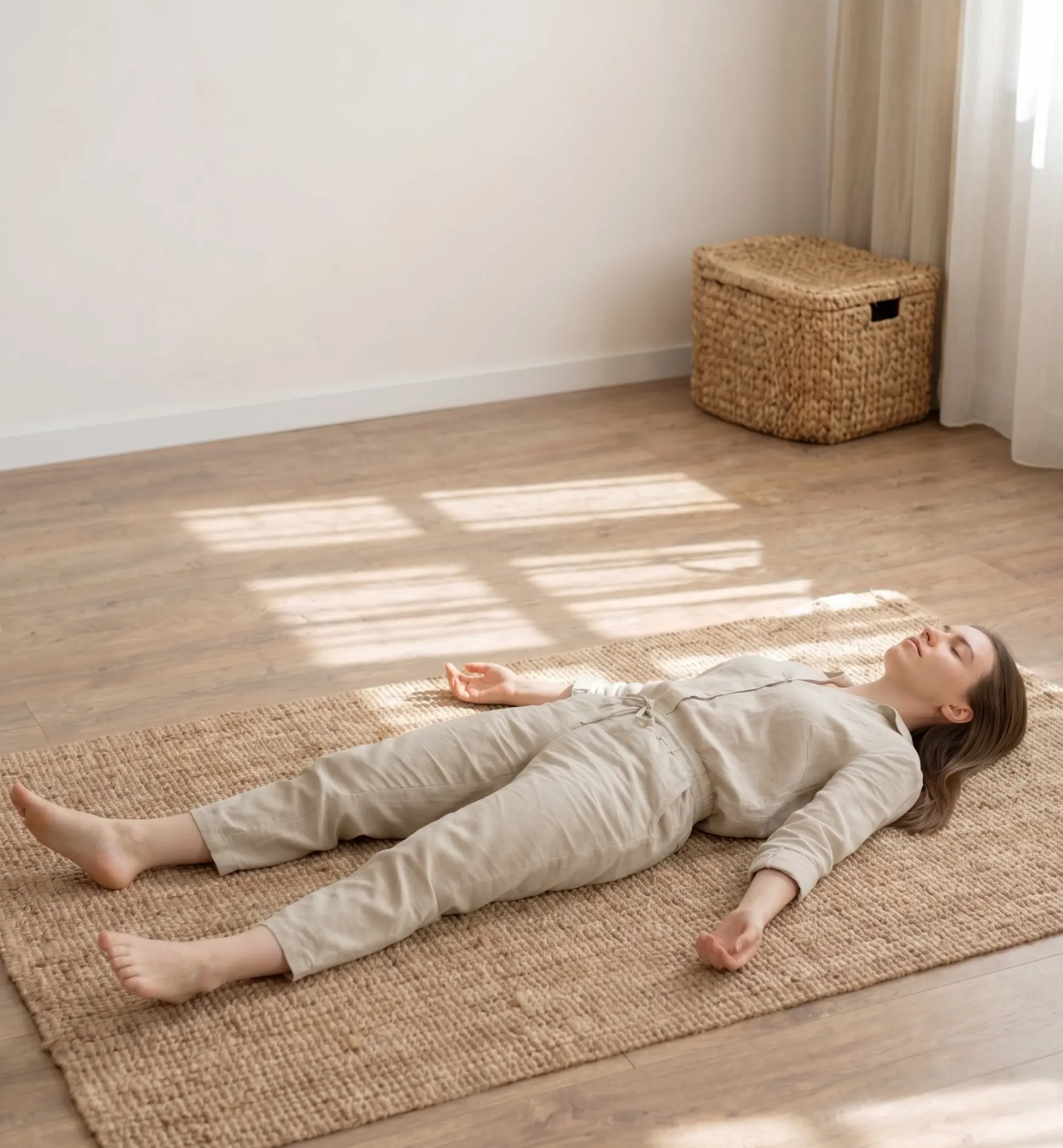 A young woman in a neutral-toned linen outfit practicing the legs-up-the-wall yoga pose, lying on a textured rug with her lower back supported by a rolled towel in a bright, minimalist room.