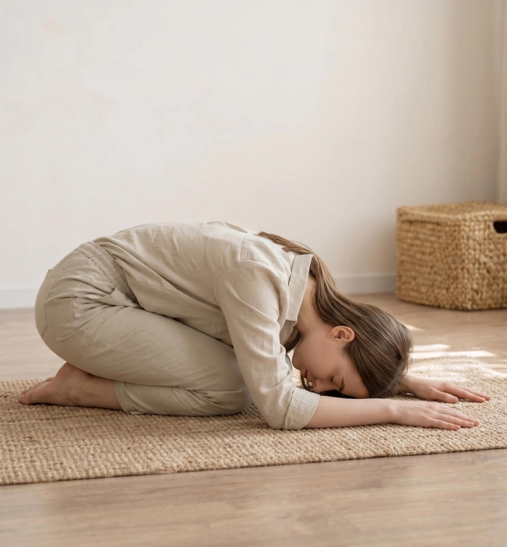 A young woman in a child's pose on a textured rug in a bright, minimalist room, wearing a neutral-toned linen outfit with her forehead resting toward the ground and arms extended forward.
