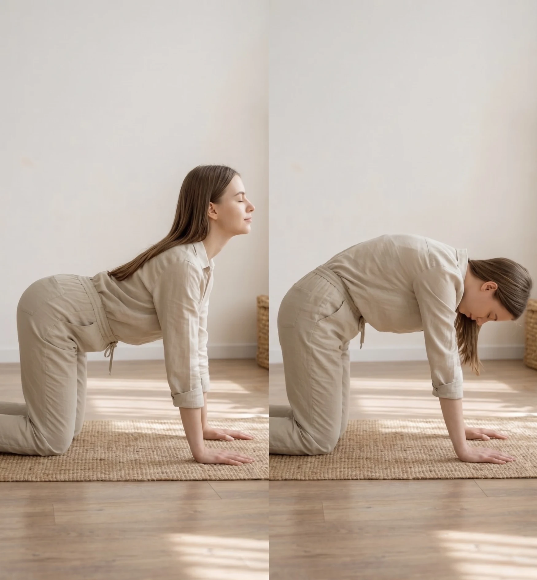 A side-by-side comparison of a young woman in a neutral linen outfit performing the cow pose (left) and cat pose (right) on a textured rug in a bright, minimalist room.
