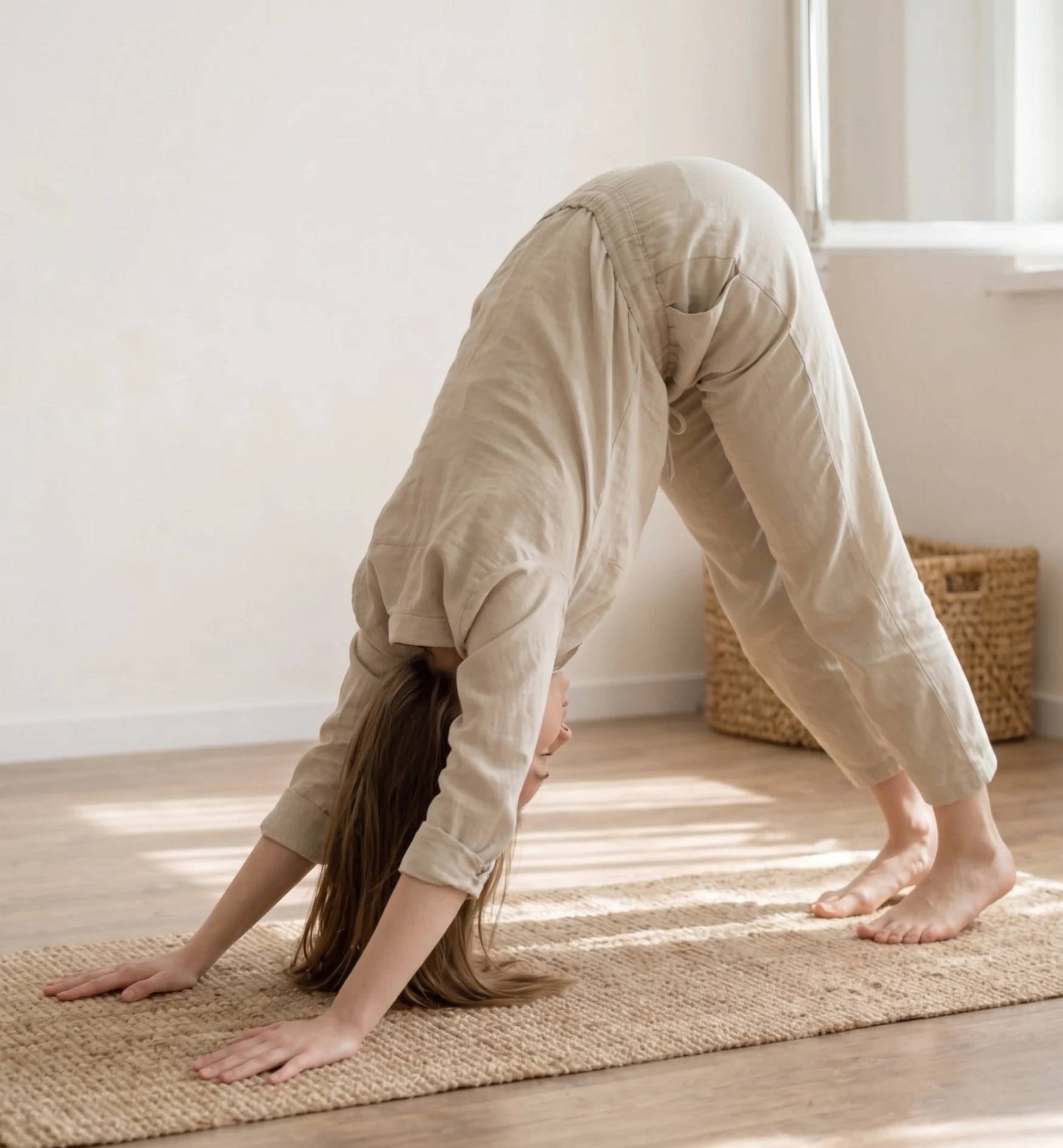 A young woman in a neutral linen outfit performing a downward-facing dog pose on a textured rug in a bright, minimalist room with natural light.