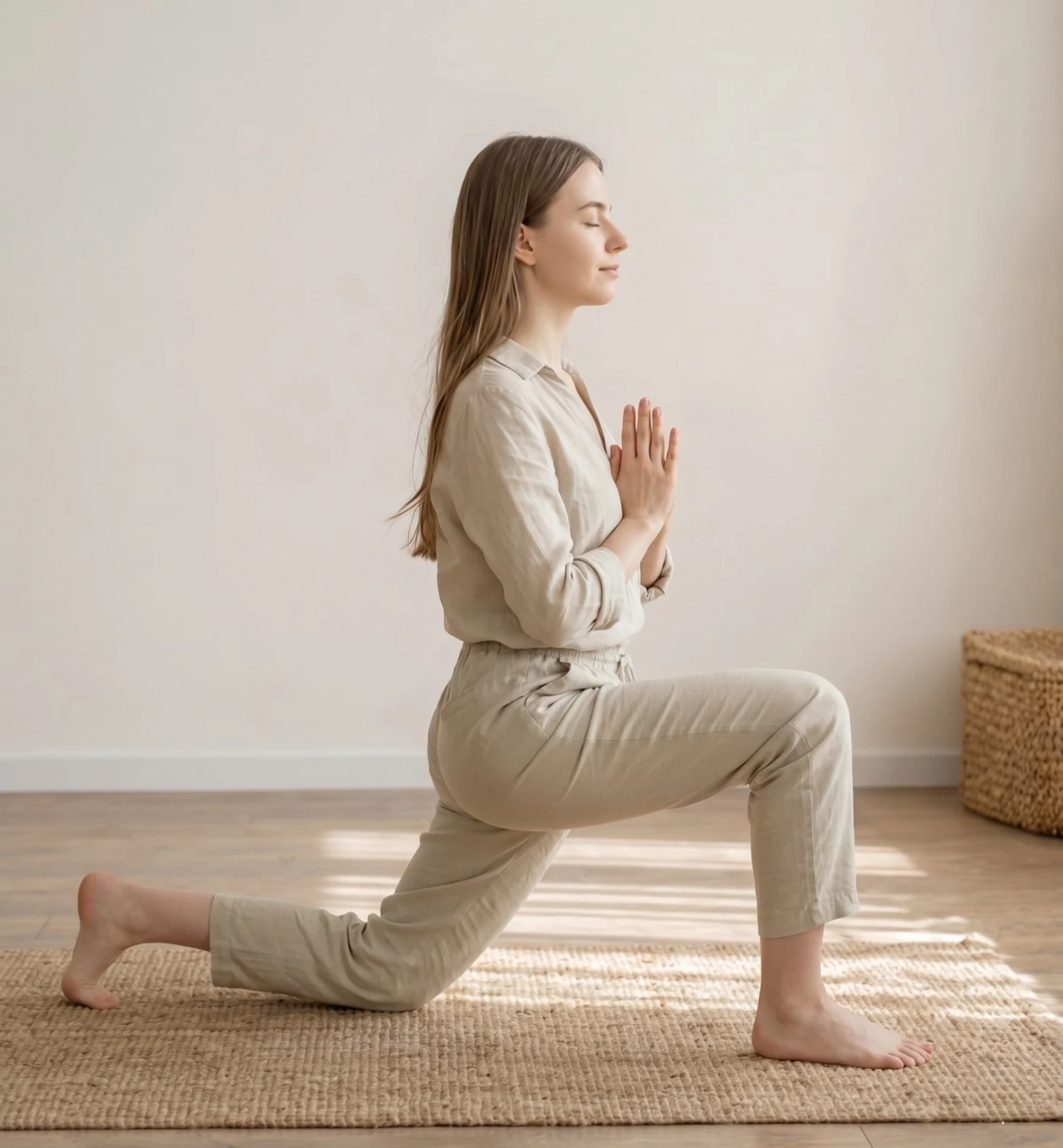 A young woman in a side-profile low lunge yoga pose with hands in prayer position, wearing a neutral-toned linen outfit in a bright, minimalist room with a textured rug and natural sunlight.