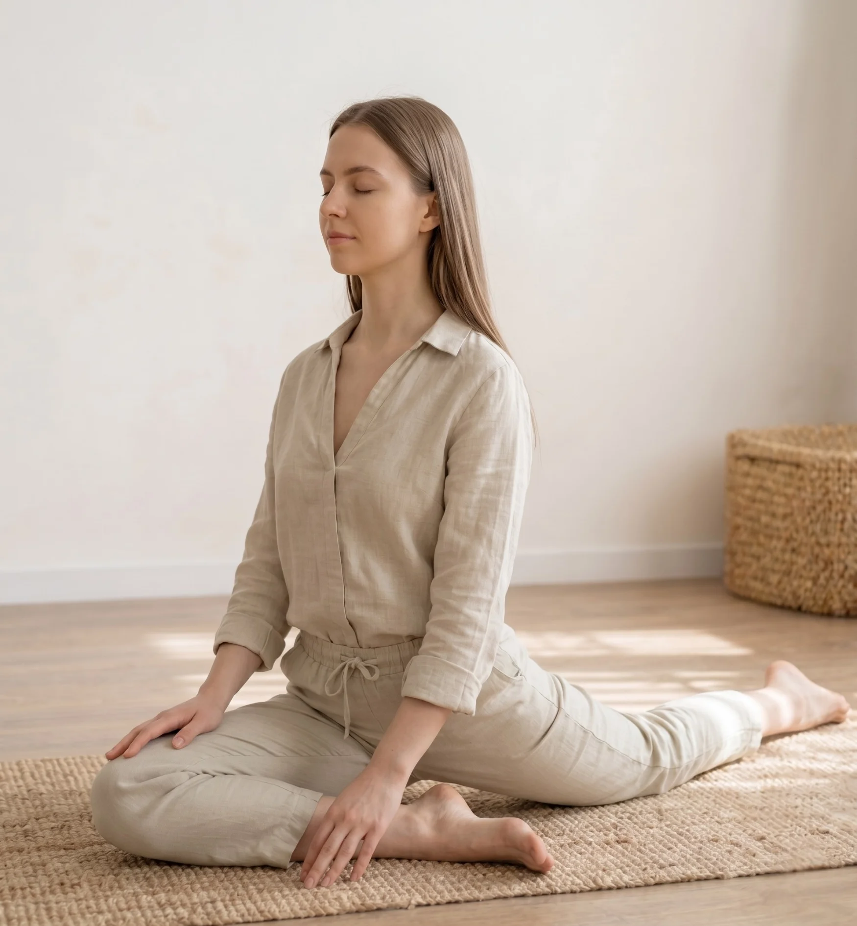 A young woman in a side-profile pigeon yoga pose with her eyes closed and hands resting on the floor, wearing a neutral-toned linen outfit in a bright, minimalist room with a textured rug and natural sunlight.