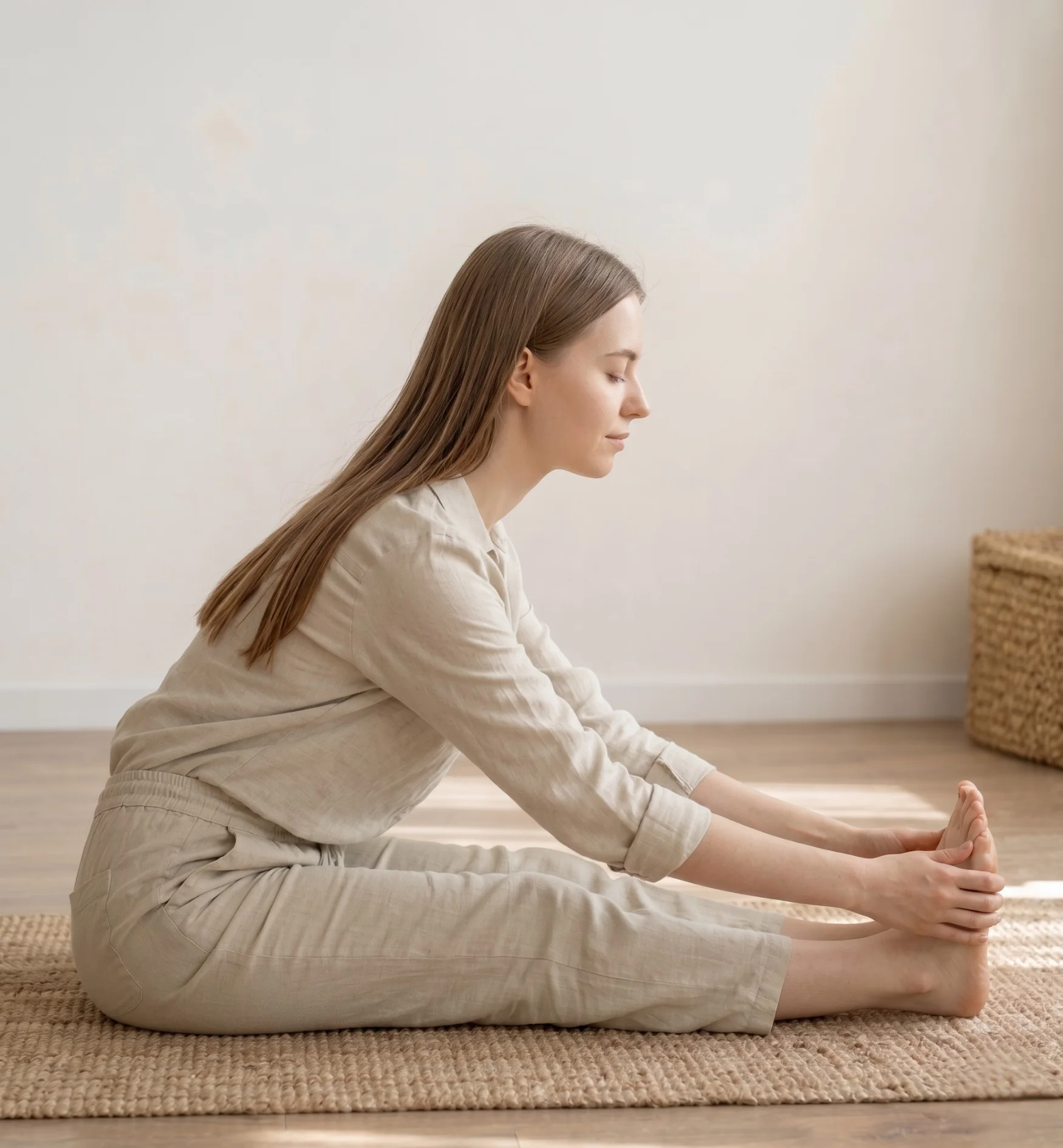 A young woman in a seated forward fold yoga pose, reaching for her feet while seated on a textured rug in a bright, minimalist room with natural sunlight, wearing a neutral-toned linen outfit.