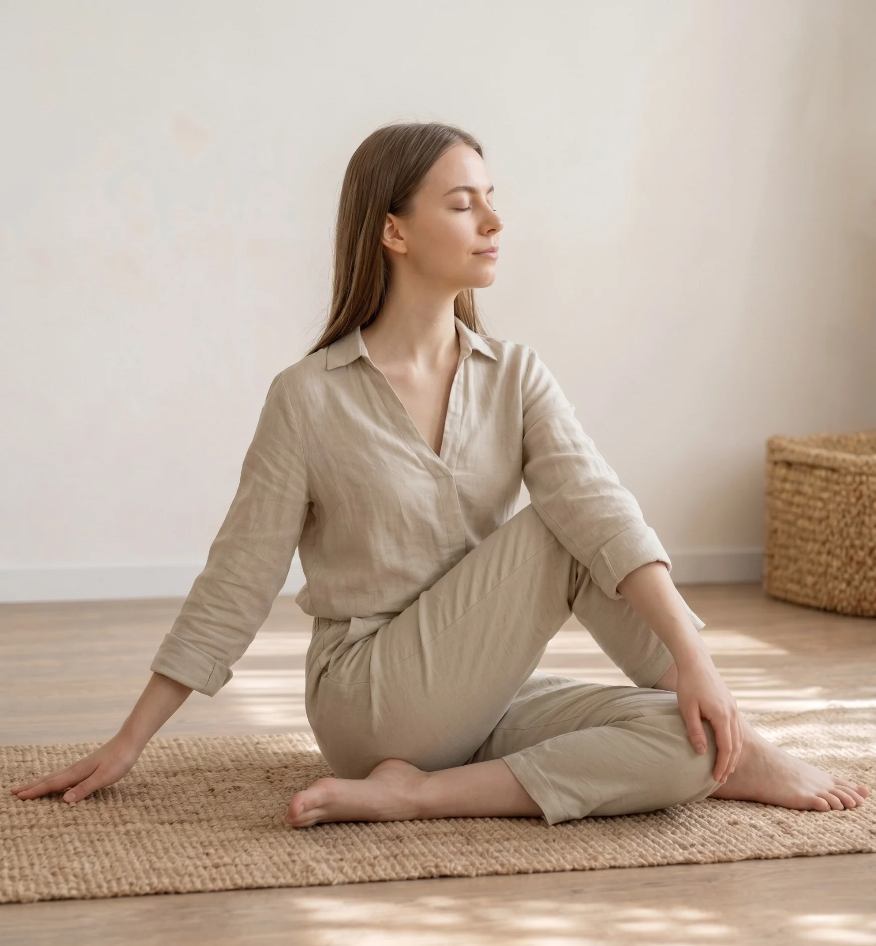 A side-profile of a young woman in a seated spinal twist yoga poses with her eyes closed, wearing a neutral-toned linen outfit in a bright, minimalist room with a textured rug and natural sunlight.