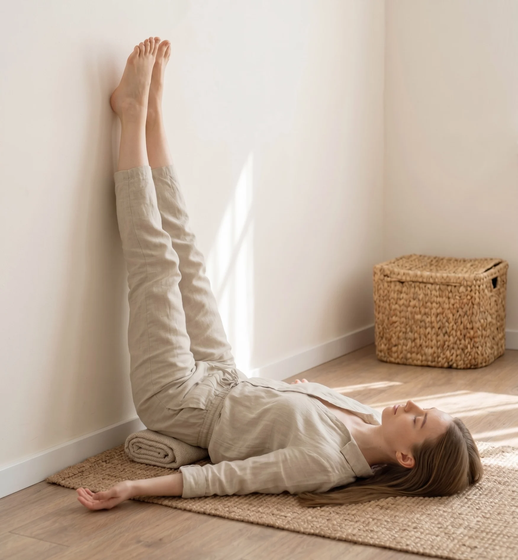 A young woman in a neutral-toned linen outfit practicing the legs-up-the-wall yoga poses, lying on a textured rug with her lower back supported by a rolled towel in a bright, minimalist room.