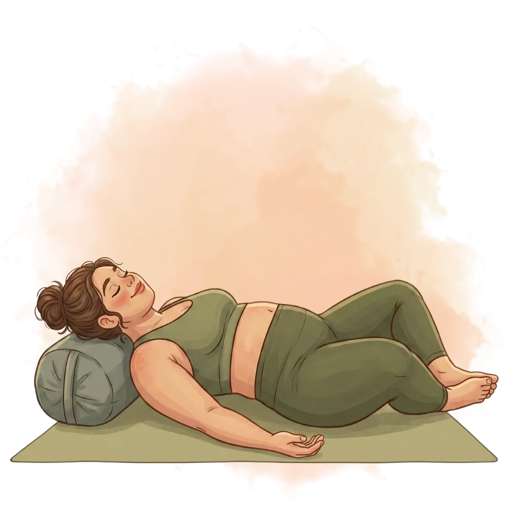 Reclining bound angle pose with bolster, showing restorative types of yoga for relaxation, on a fitness mat.