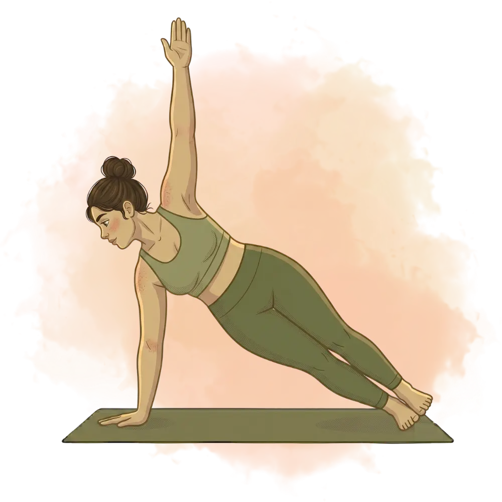 Woman in side plank pose, illustrating core-strengthening types of yoga like Power or Vinyasa, on a fitness mat.