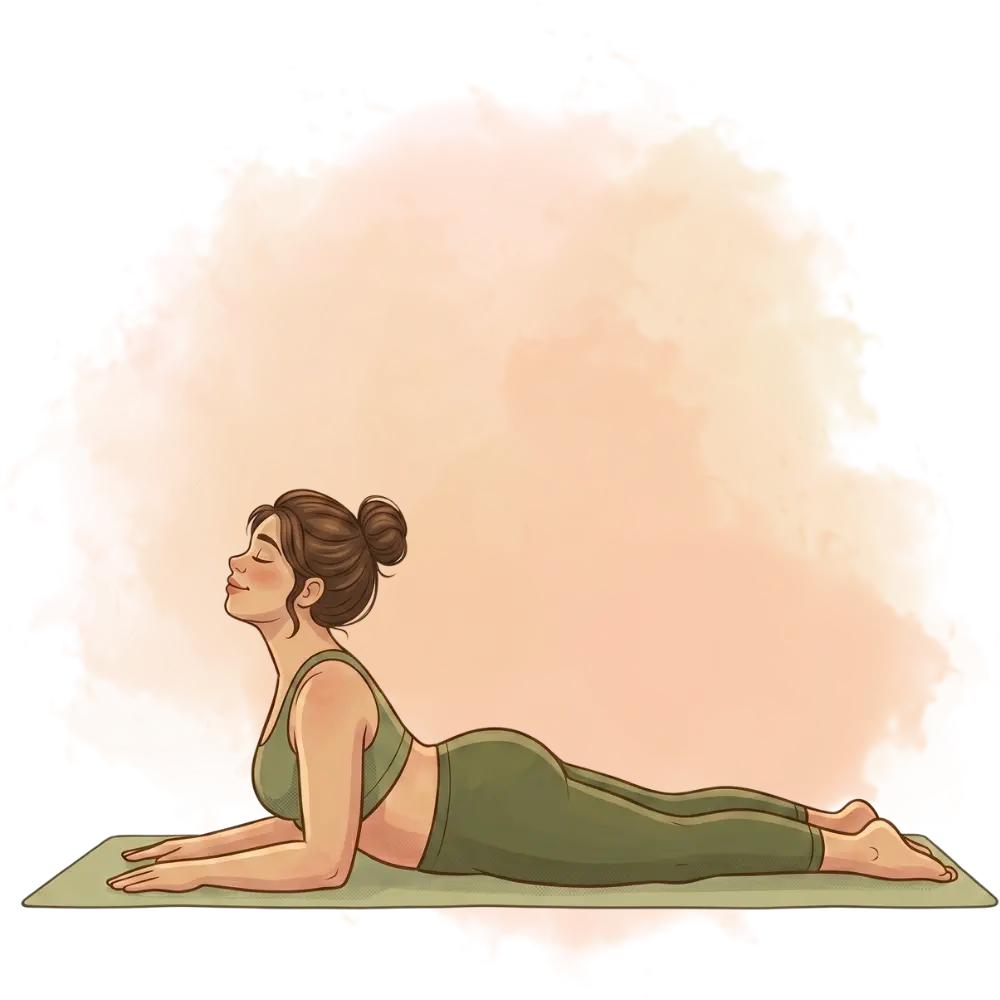 Woman in sphinx pose, illustrating restorative types of yoga for gentle backbends and spine health, on a fitness mat.