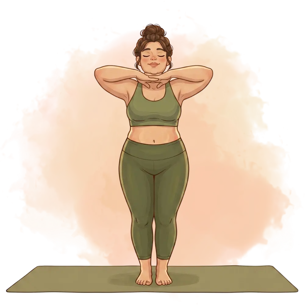 Woman doing a standing neck stretch, demonstrating gentle types of yoga for flexibility on a fitness mat.