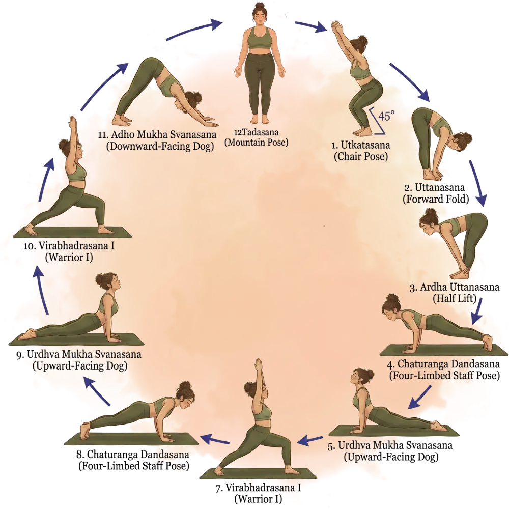 Infographic showing a Sun Salutation sequence, illustrating active types of yoga like Vinyasa flow with named poses.