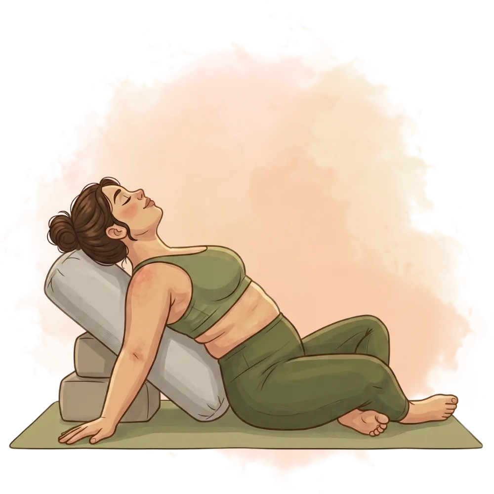 Supported bound angle pose, showing restorative types of yoga for relaxation and flexibility, on a fitness mat.