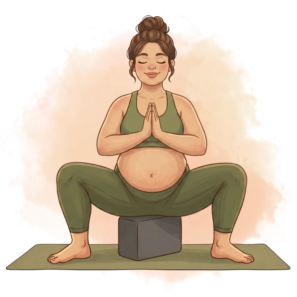 Pregnant woman in garland pose with block, showing adaptive types of yoga for prenatal comfort, on a fitness mat.