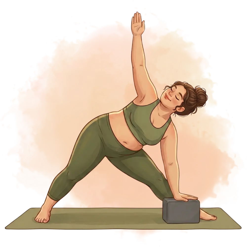 Triangle pose with block, showing accessible types of yoga for flexibility and alignment, on a fitness mat.