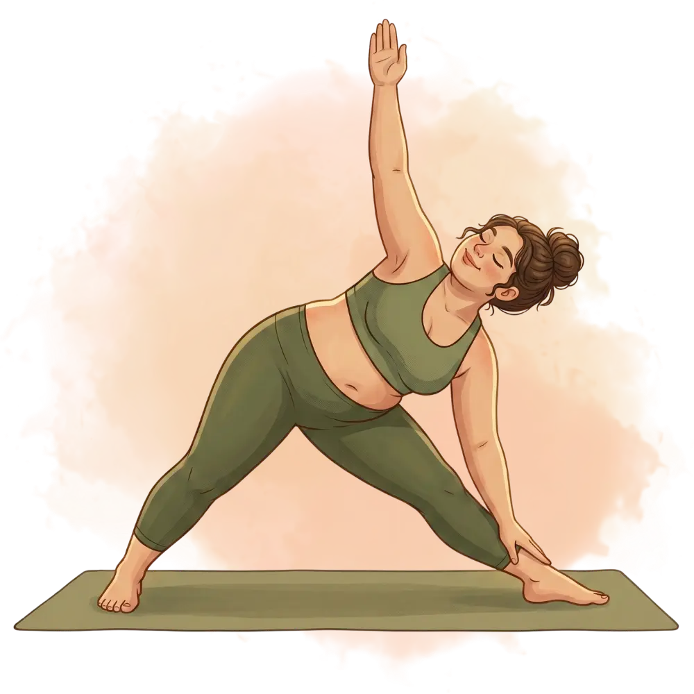 Woman in triangle pose, highlighting dynamic types of yoga for flexibility and alignment, on a fitness mat.