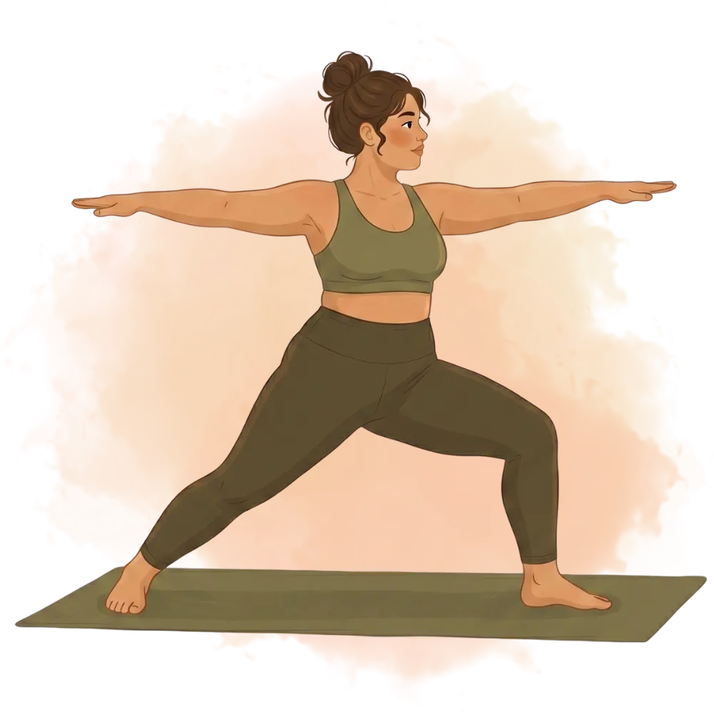Woman in warrior 2 pose, illustrating dynamic types of yoga like Ashtanga or Vinyasa, on a fitness mat.