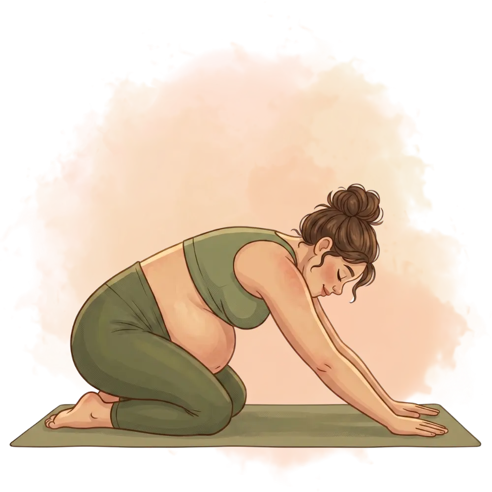 Pregnant woman in child's pose, illustrating gentle types of yoga for prenatal comfort and relaxation, on a mat.