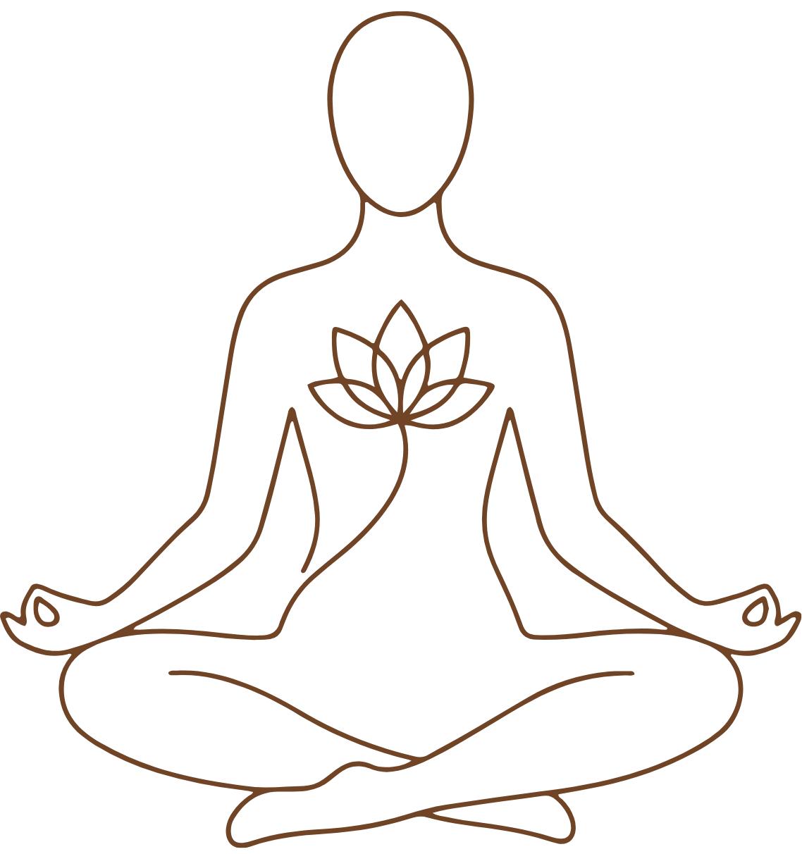 Minimalist bronze line art of a person in a seated meditation pose with a lotus flower blooming from the center of the chest, set against a white background.